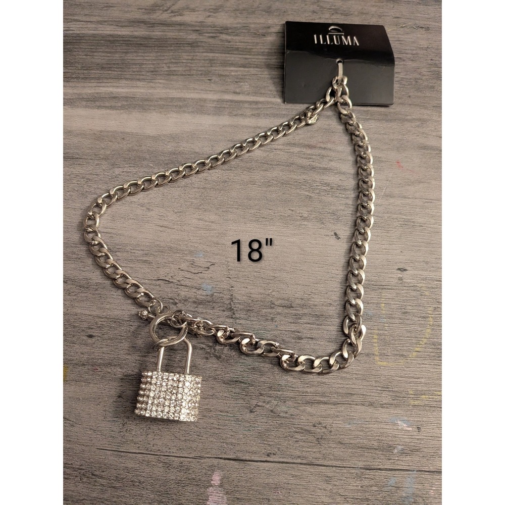 Illuma Silver Tone Rhinestone Padlock Pendant Curb Chain Necklace 18 Inch